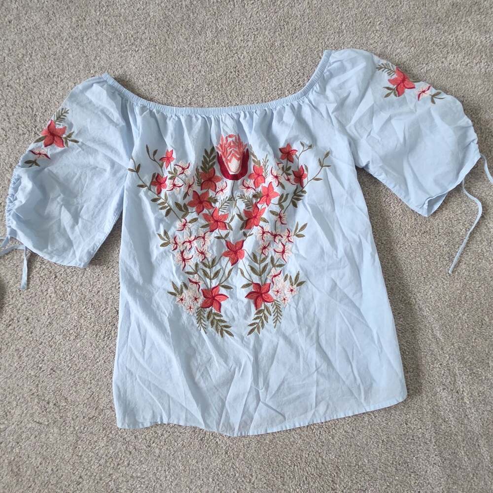 Hinge Embroidered Off Shoulder Blue